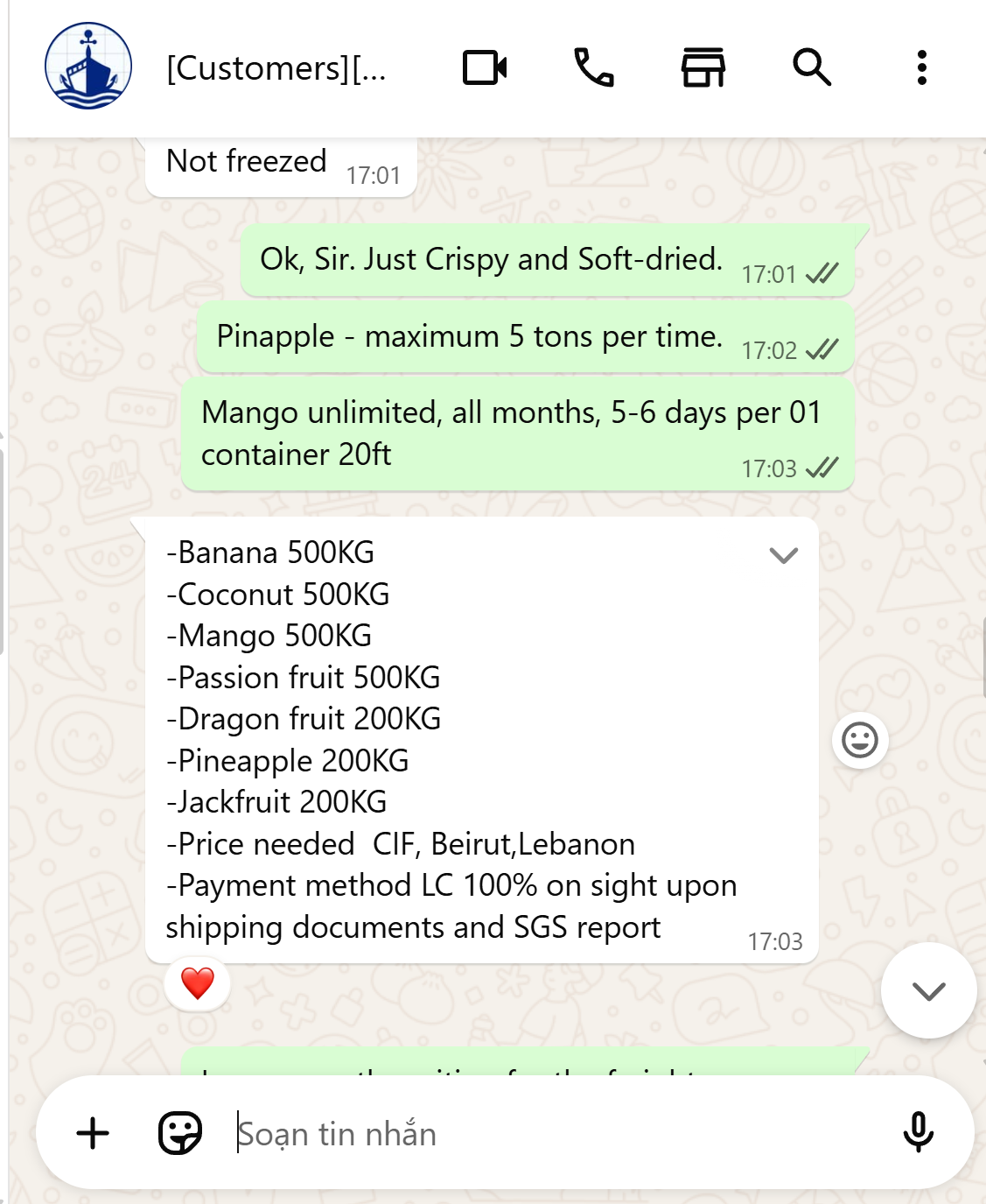 Cần tìm Forwarder vận chuyển CIP 03 tấn hàng trái cây sấy dẻo sang Beirut, Lebanon.